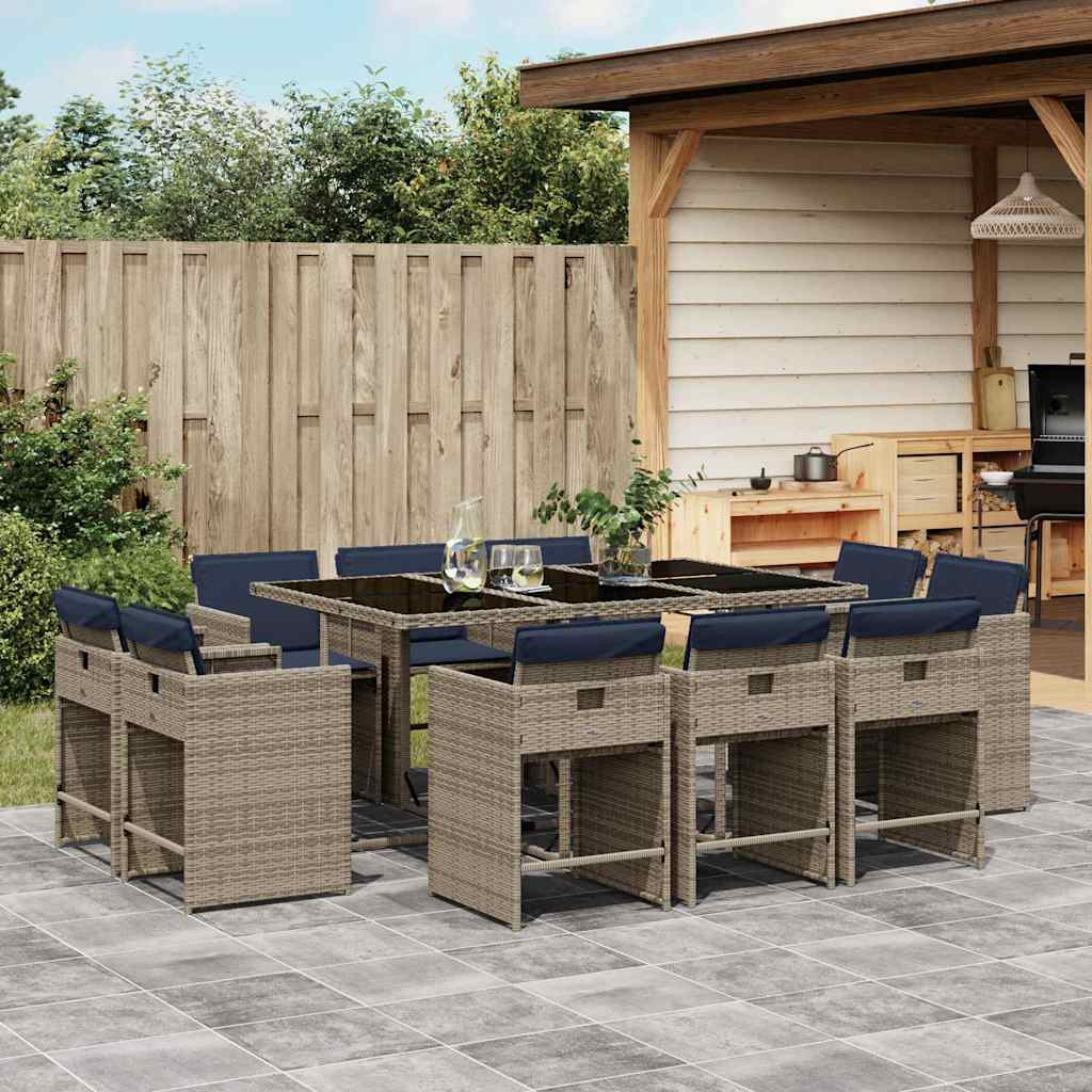 vidaXL 11-teiliges Garten-Ess-Set mit Kissen, grau, Polyrattan