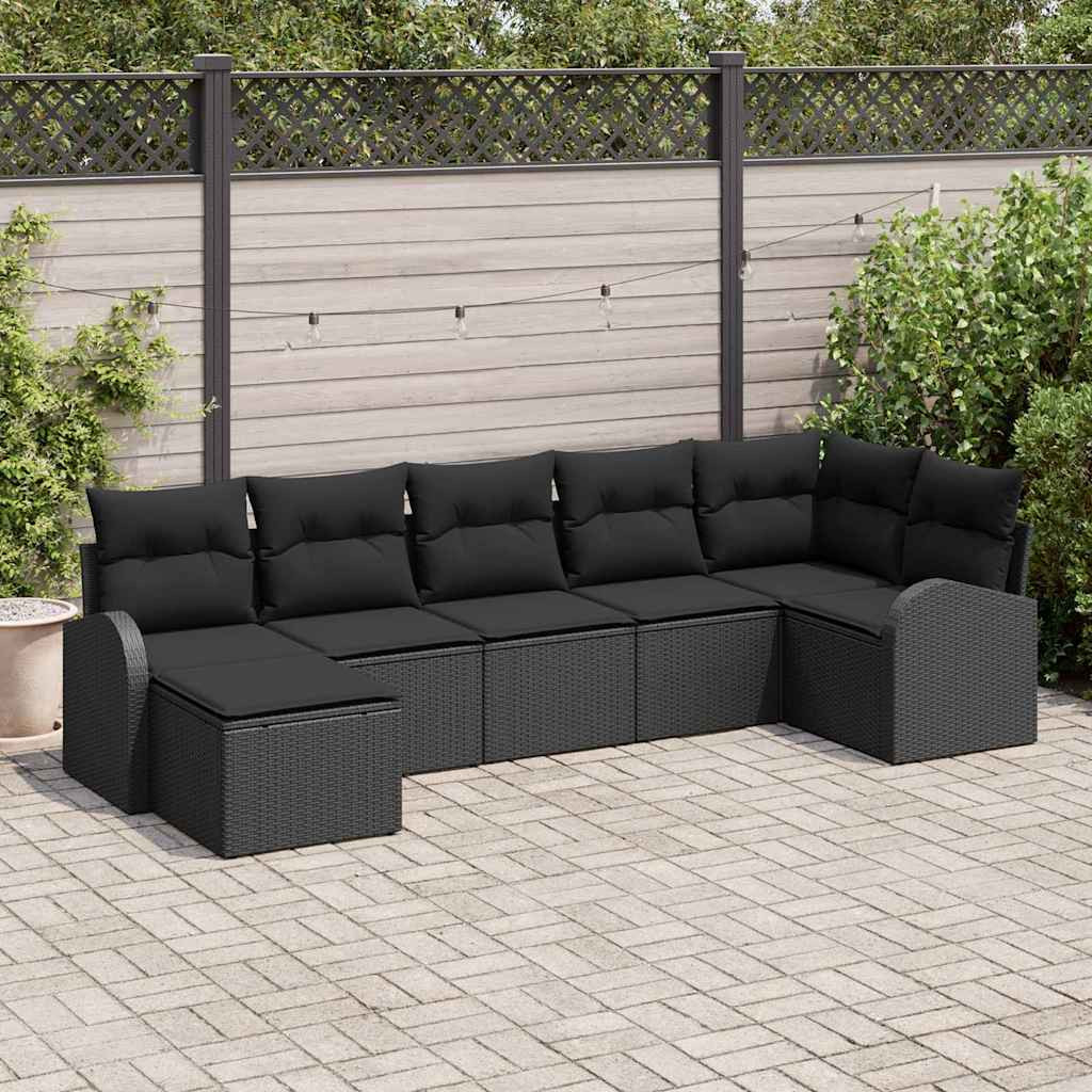 vidaXL Sofa Set mit Kissen mit Speicher 7 pcs Schwarz Poly-Rattan