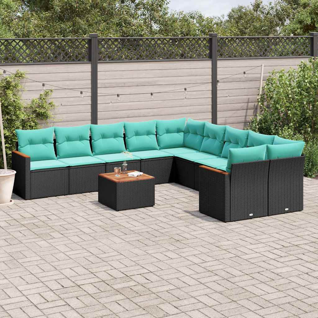 vidaXL 11-teiliges Gartensofa-Set mit Kissen, schwarzes Polyrattan