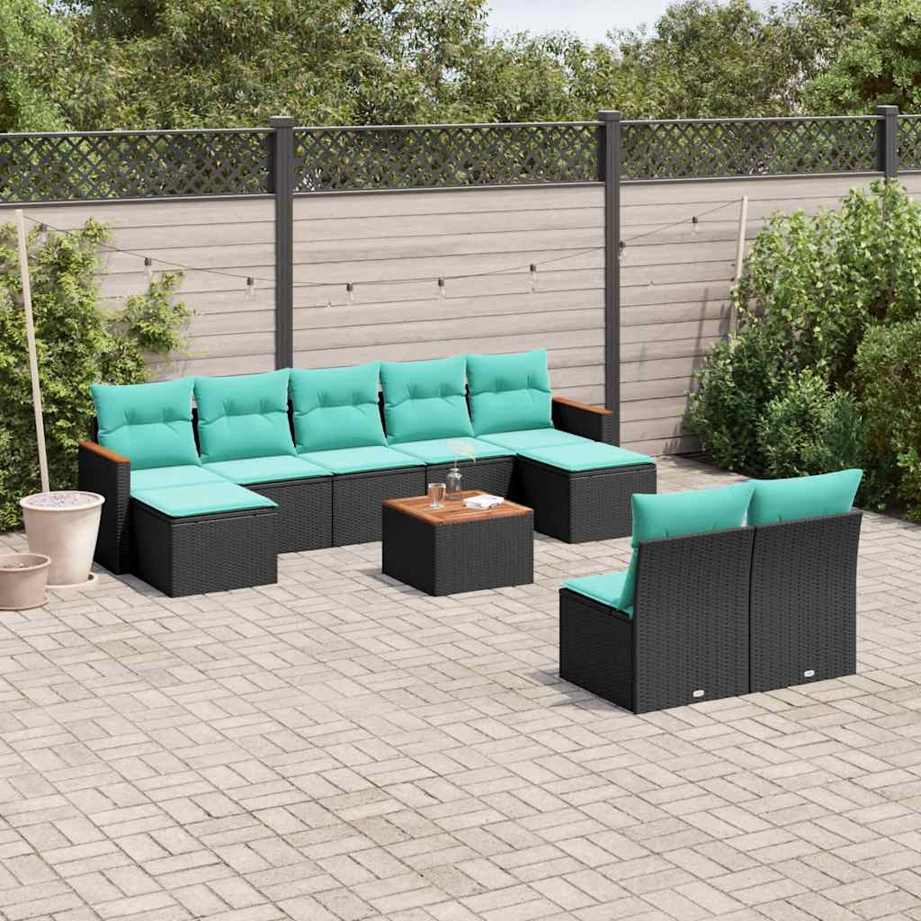vidaXL 10-teiliges Gartensofa-Set mit Kissen, schwarzes Polyrattan