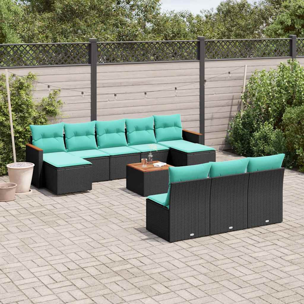 vidaXL 11-teiliges Gartensofa-Set mit Kissen, schwarzes Polyrattan