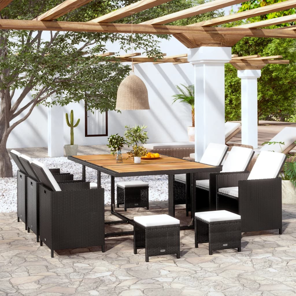 vidaXL 11-tlg. Garten-Essgruppe mit Auflagen Poly Rattan Schwarz