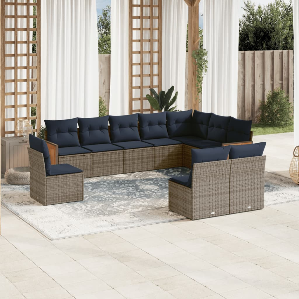 vidaXL 10-teiliges Gartensofa-Set mit Kissen, grau, Polyrattan