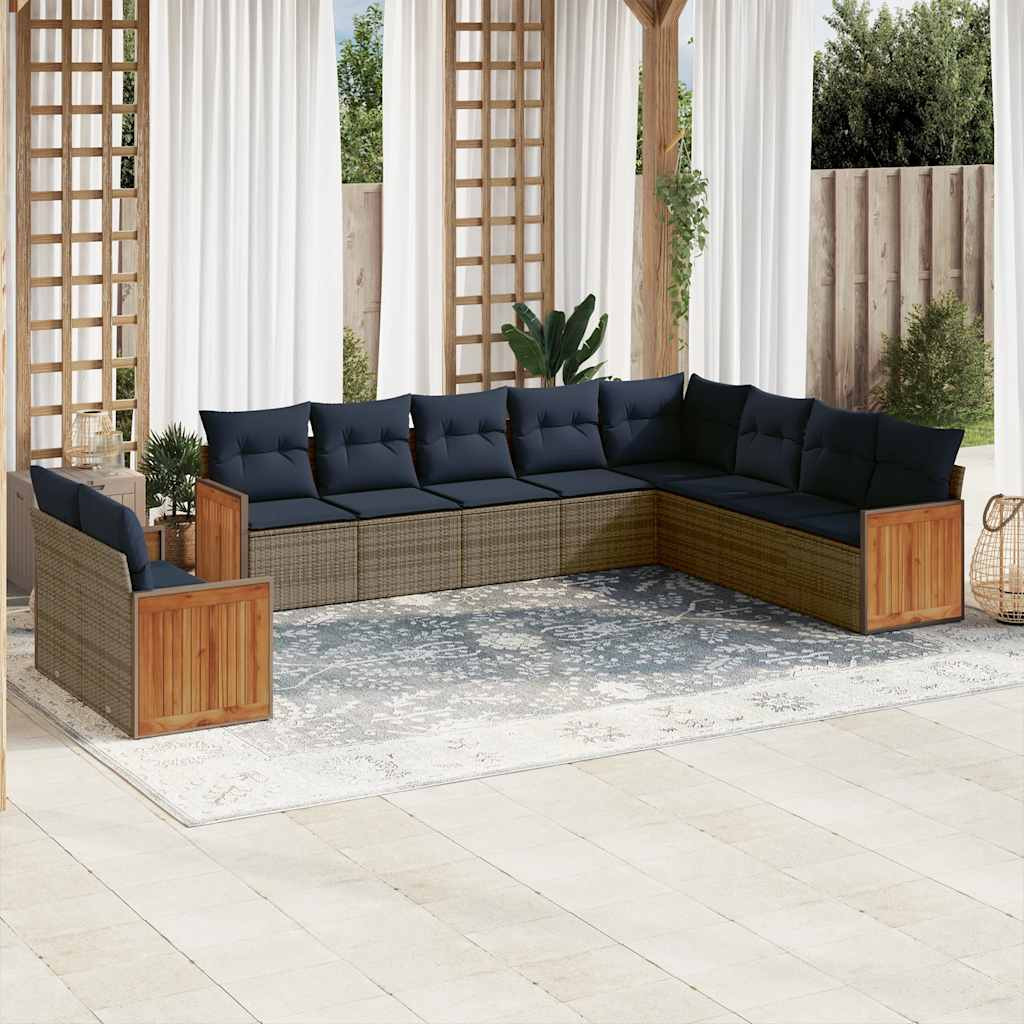 vidaXL 10-teiliges Gartensofa-Set mit Kissen, grau, Polyrattan