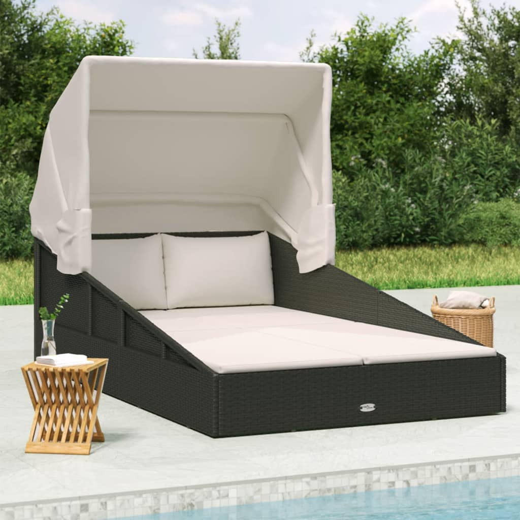 vidaXL Sonnenliege mit Faltdach Schwarz 200x114x128 cm Poly Rattan