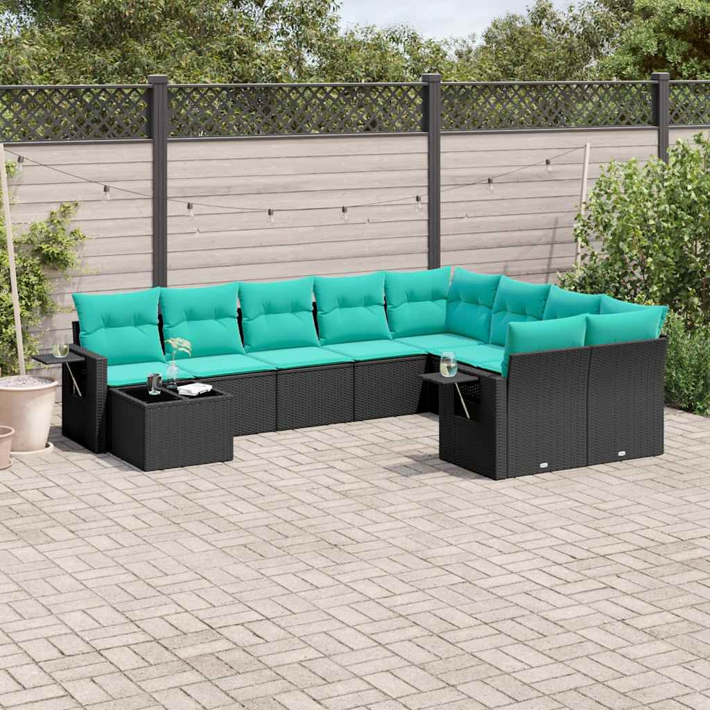 vidaXL 10-teiliges Gartensofa-Set mit Kissen, schwarzes Polyrattan