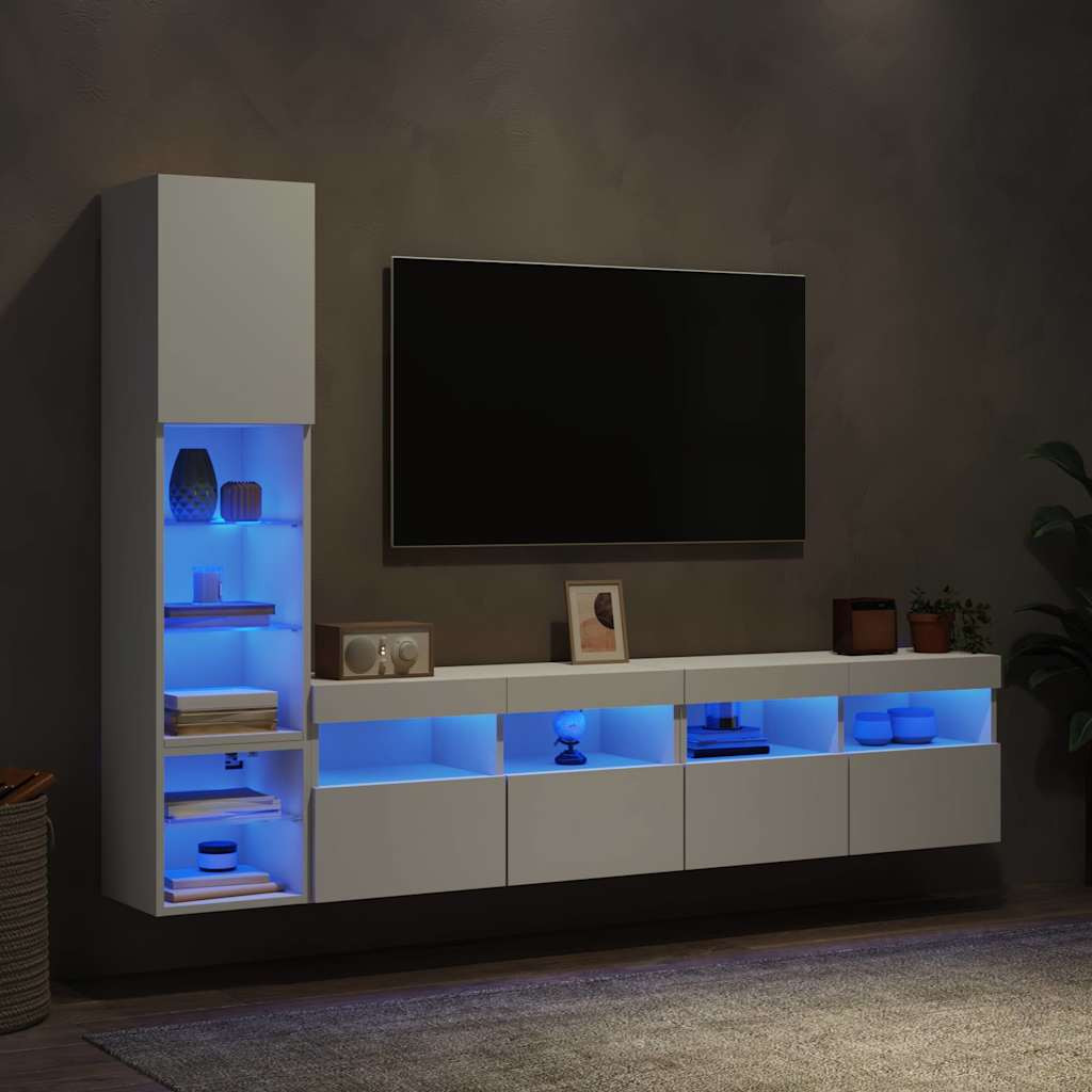 vidaXL 4-tlg. Wohnwand mit LED-Beleuchtung Weiß Holzwerkstoff