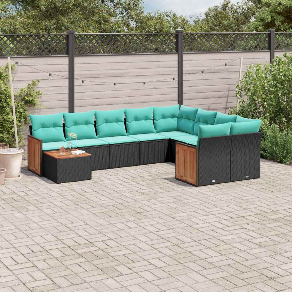 vidaXL 10-teiliges Gartensofa-Set mit Kissen, schwarzes Polyrattan
