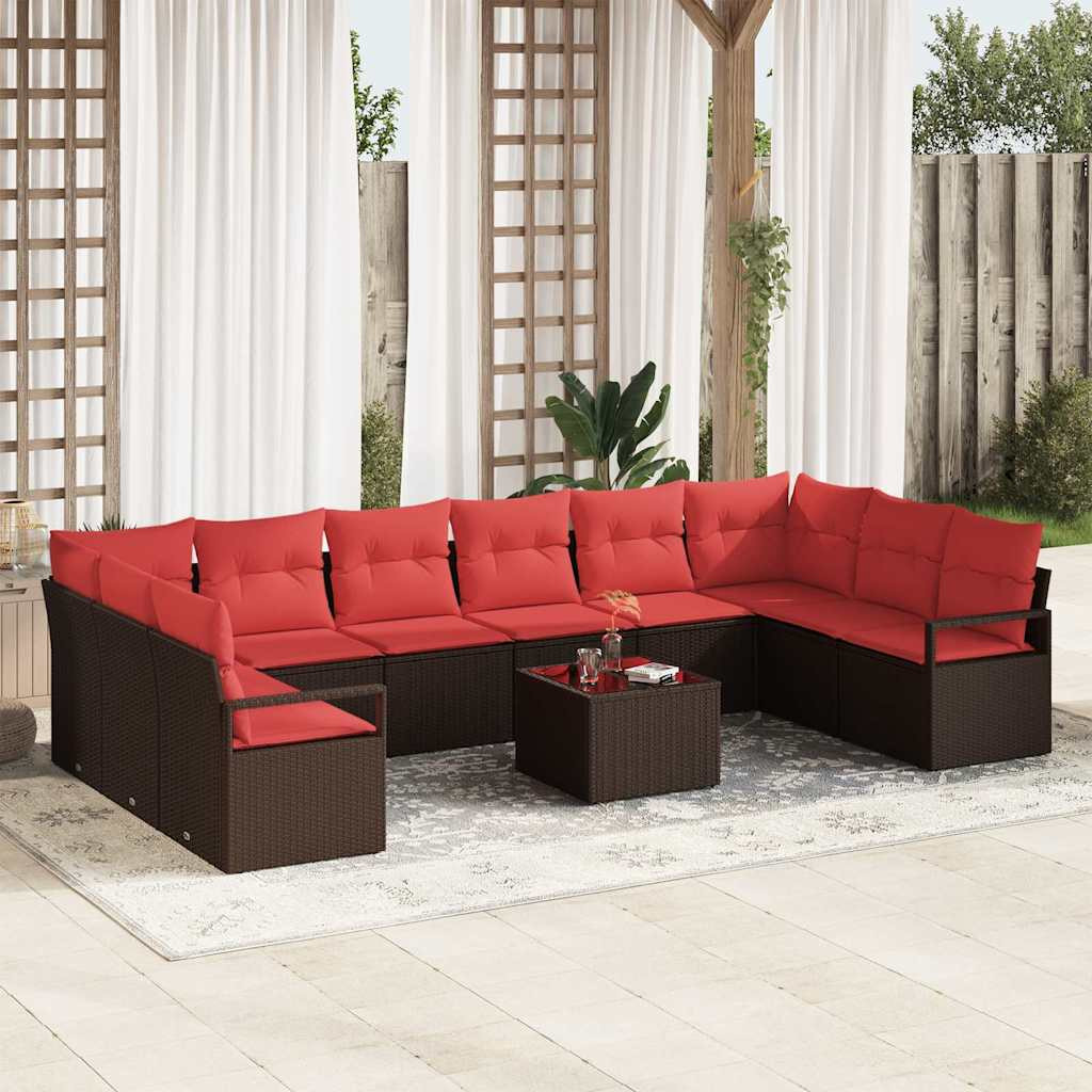 vidaXL Gartensofa-set mit Kissen 11 pcs Braun und Rot Poly-Rattan