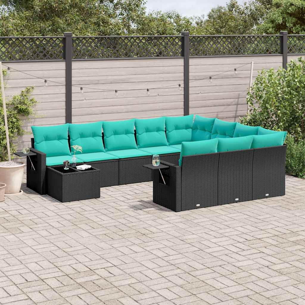 vidaXL 11-teiliges Gartensofa-Set mit Kissen, schwarzes Polyrattan