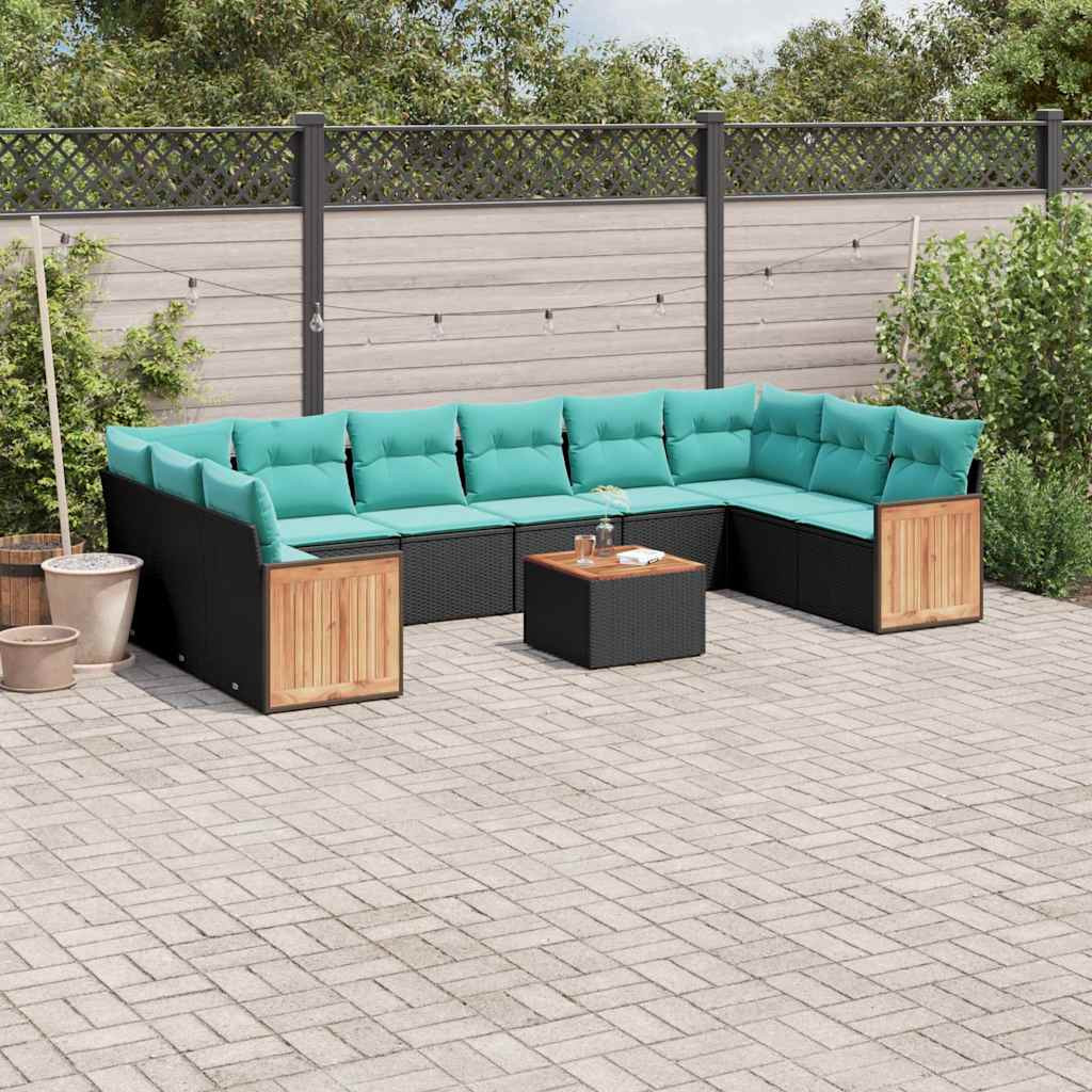 vidaXL 11-teiliges Gartensofa-Set mit Kissen, schwarzes Polyrattan
