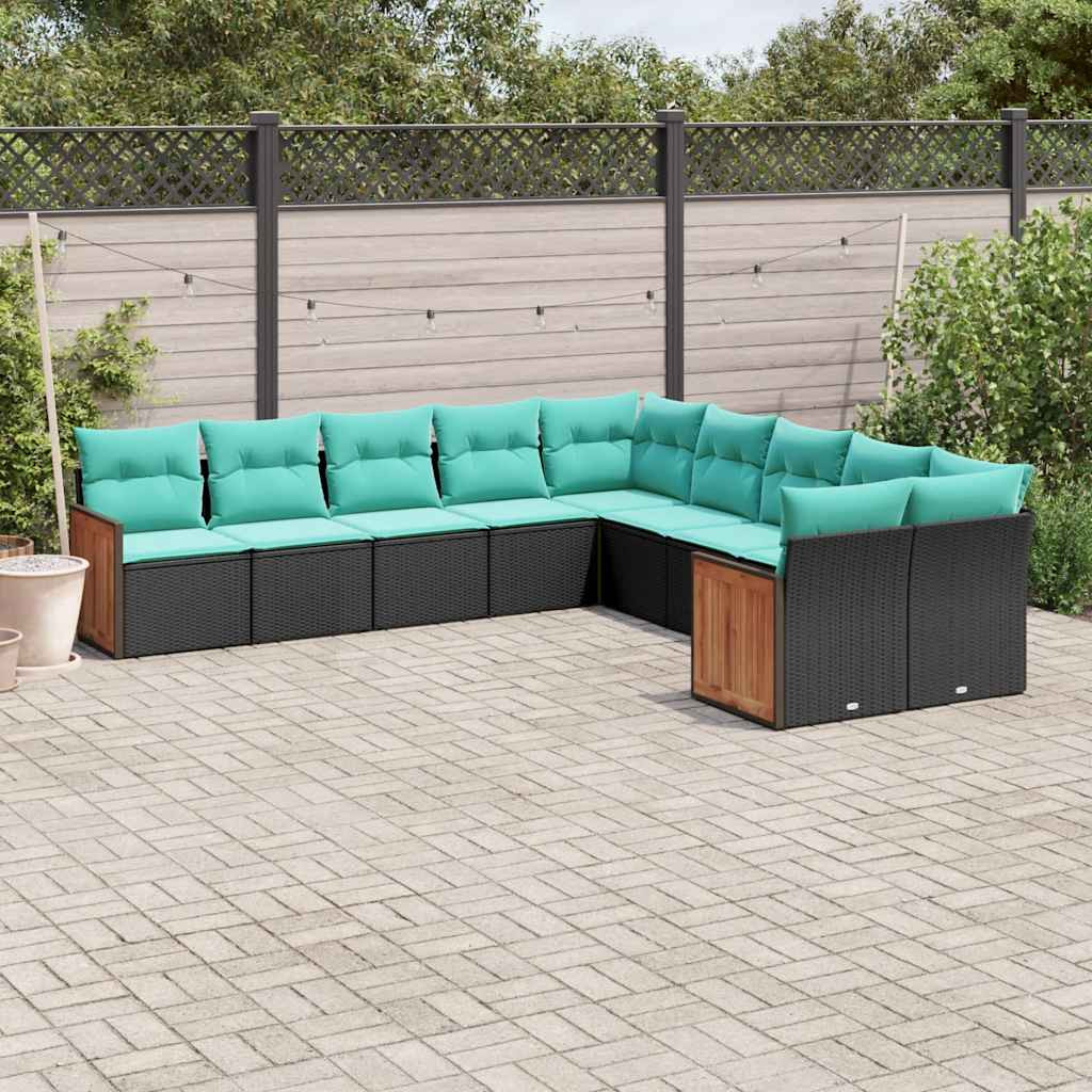 vidaXL 10-teiliges Gartensofa-Set mit Kissen, schwarzes Polyrattan