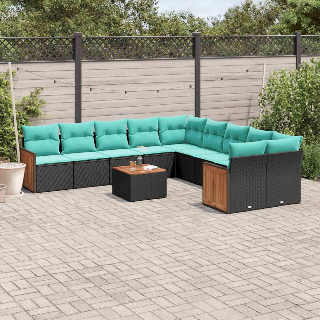 vidaXL 11-teiliges Gartensofa-Set mit Kissen, schwarzes Polyrattan