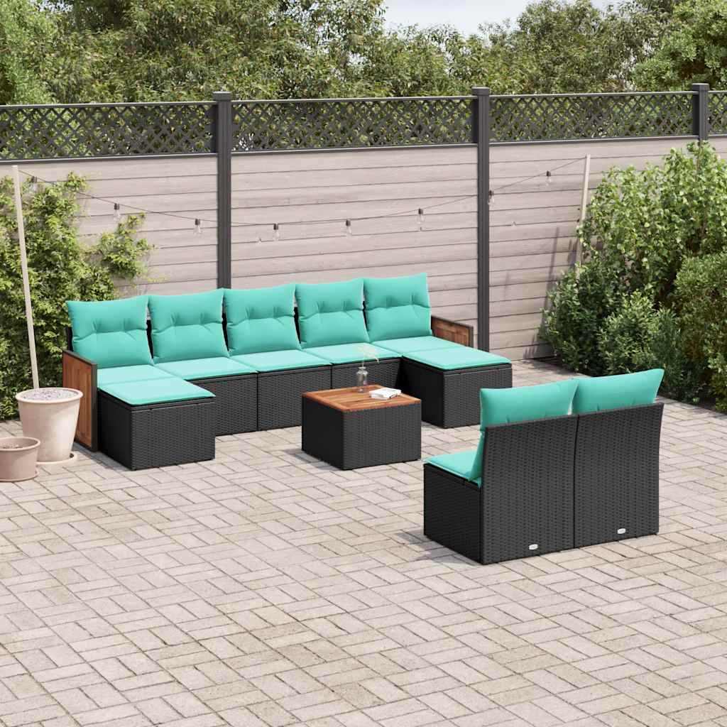 vidaXL 10-teiliges Gartensofa-Set mit Kissen, schwarzes Polyrattan