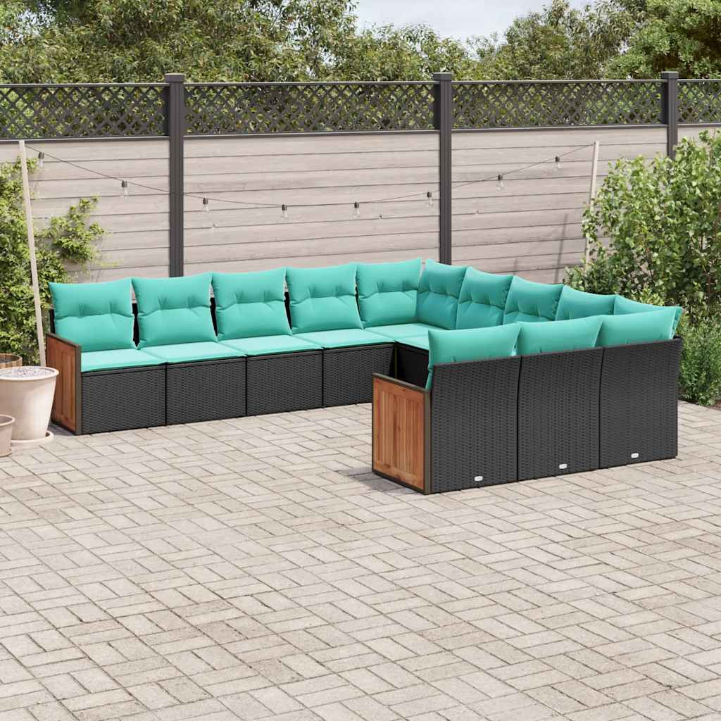 vidaXL 11-teiliges Gartensofa-Set mit Kissen, schwarzes Polyrattan