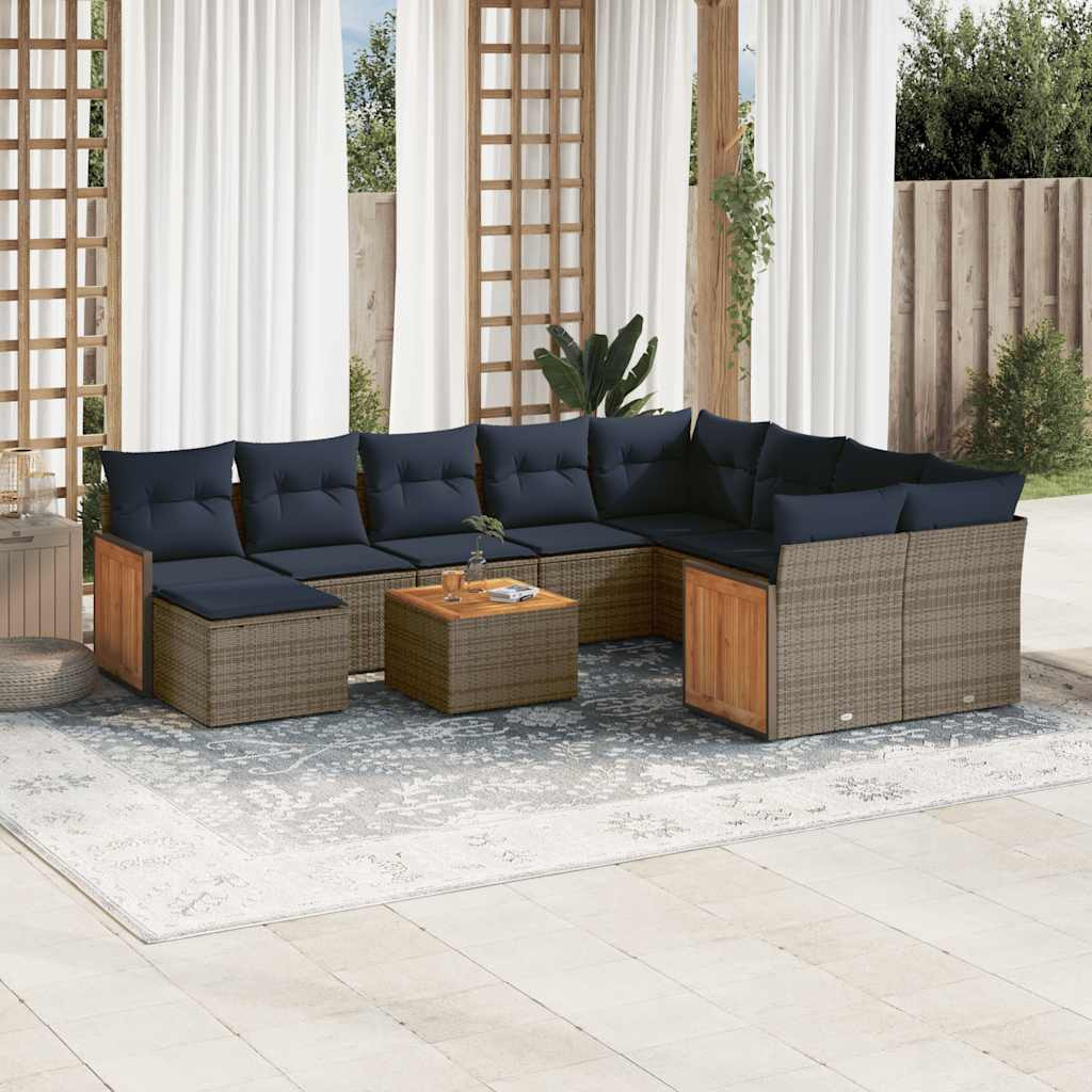 vidaXL 11-teiliges Gartensofa-Set mit Kissen, grau, Polyrattan