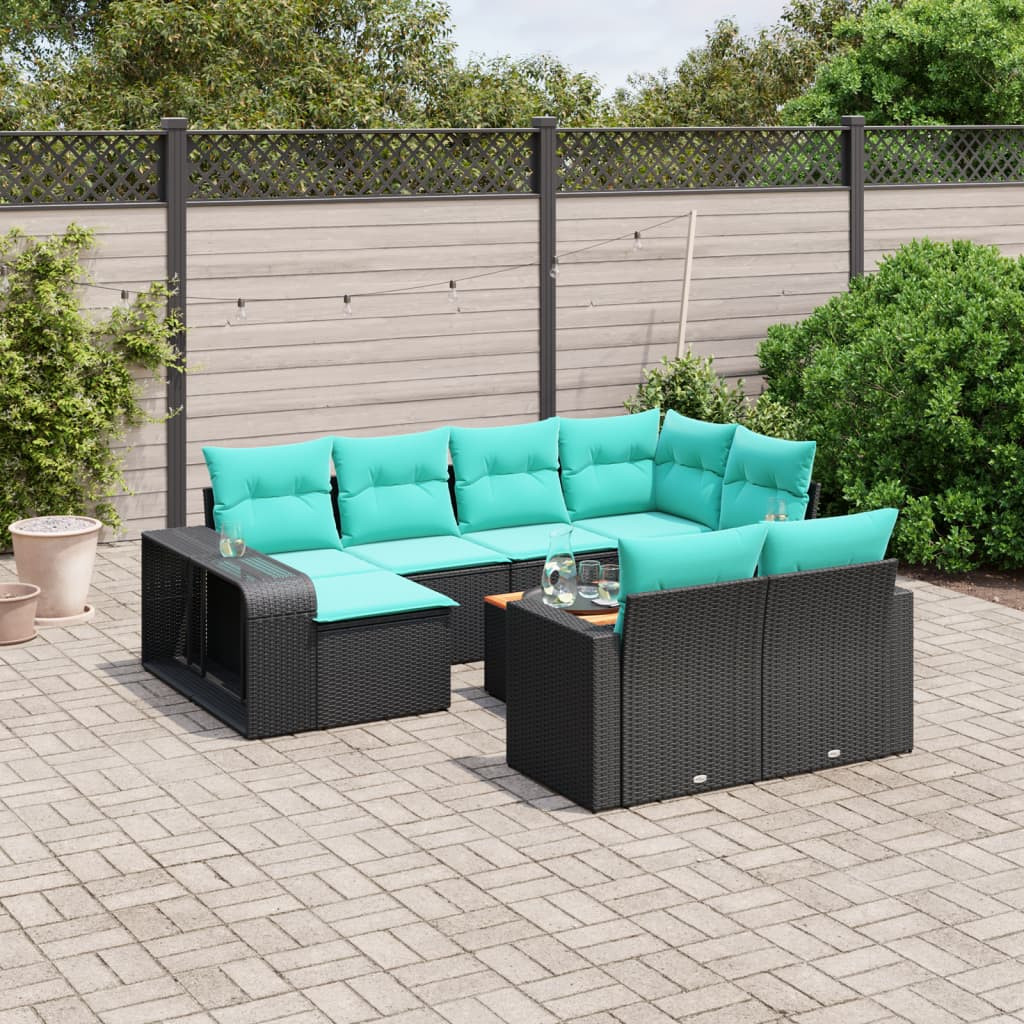vidaXL 11-teiliges Gartensofa-Set mit Kissen, schwarzes Polyrattan