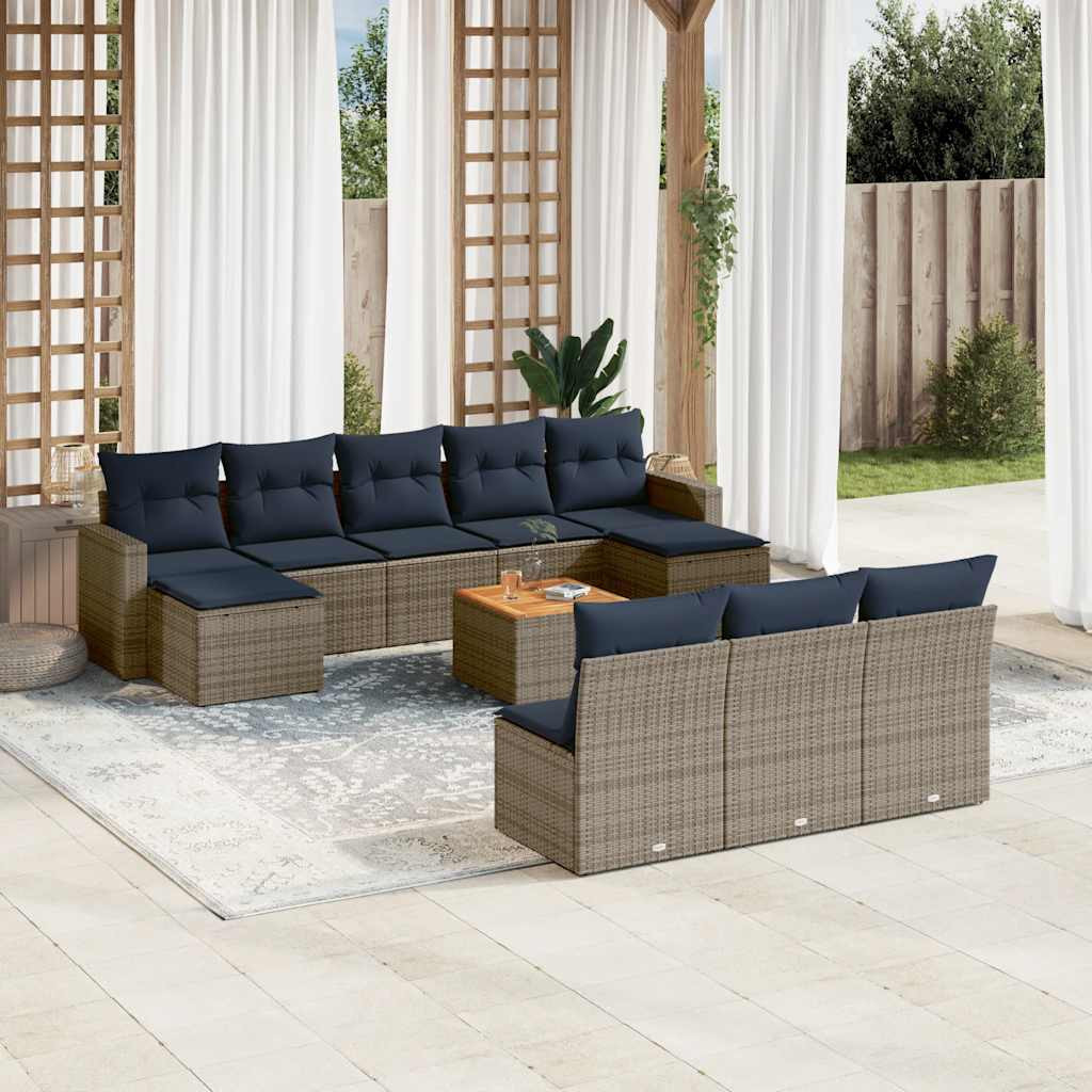vidaXL 11-teiliges Gartensofa-Set mit Kissen, grau, Polyrattan