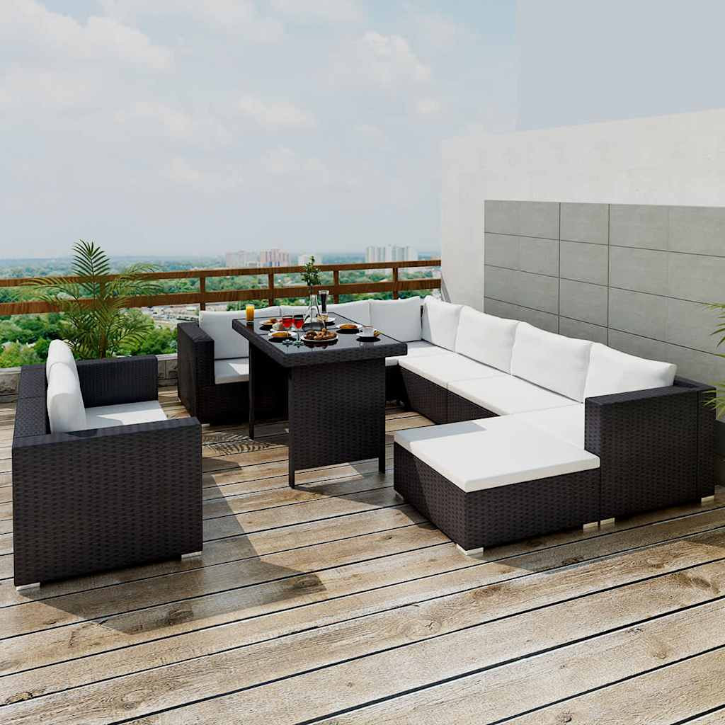 vidaXL 10-tlg. Garten-Lounge-Set mit Auflagen Poly Rattan Schwarz