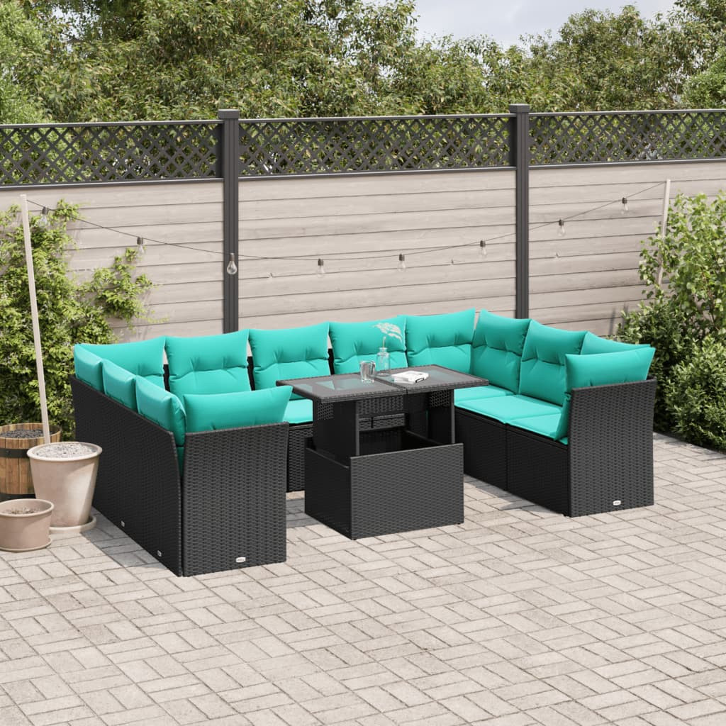 vidaXL 10-teiliges Gartensofa-Set mit Kissen, schwarzes Polyrattan