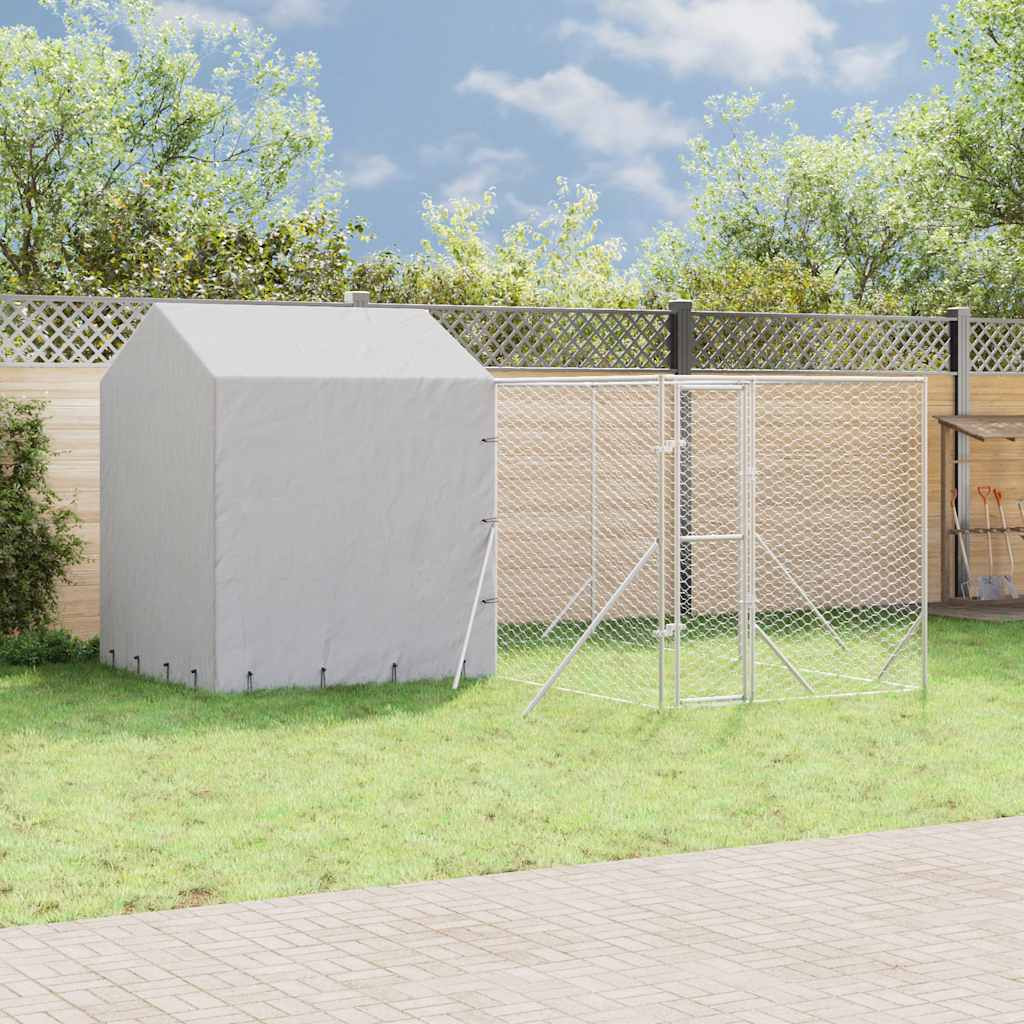 vidaXL Outdoor-Hundezwinger mit Dach Silbern 4x4x2,5m Verzinkter Stahl