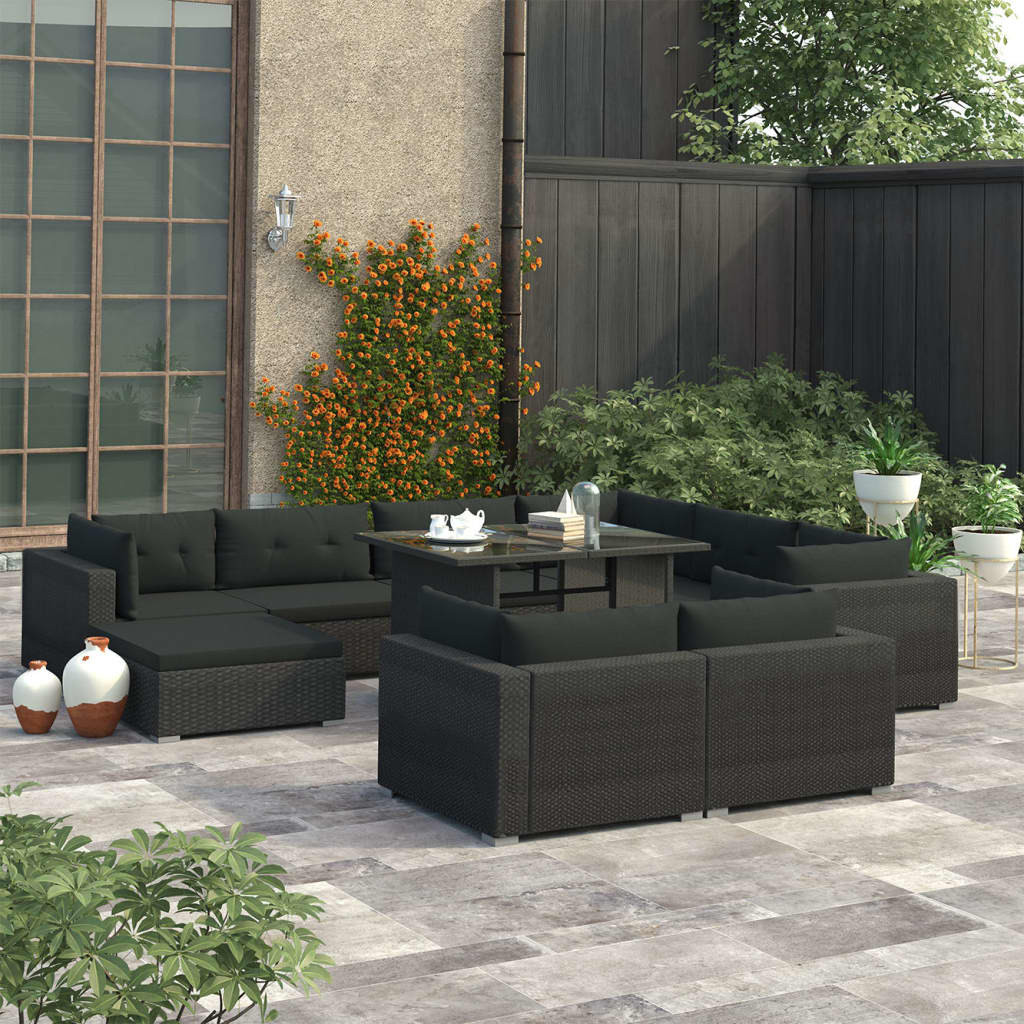 vidaXL 10-tlg. Garten-Lounge-Set mit Auflagen Poly Rattan Schwarz