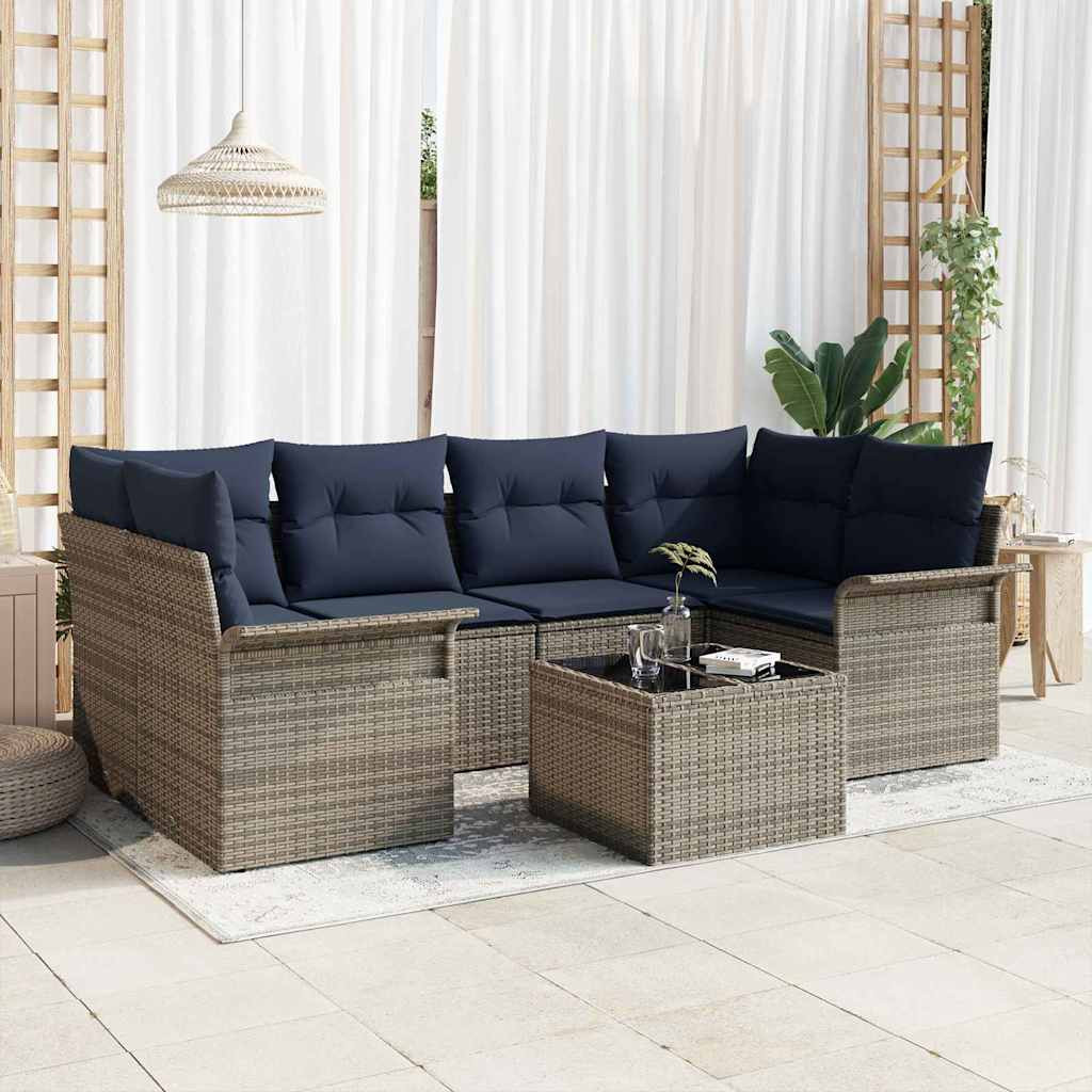 vidaXL Gartensofa-set mit Kissen 7 pcs Grau und Marineblau Poly-Rattan