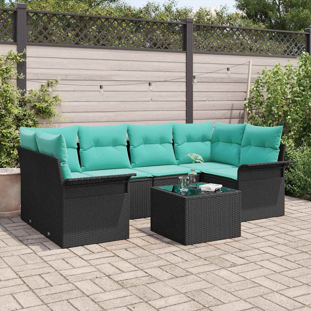 vidaXL Gartensofa-set mit Kissen 7 pcs Schwarz und Türkis Poly-Rattan