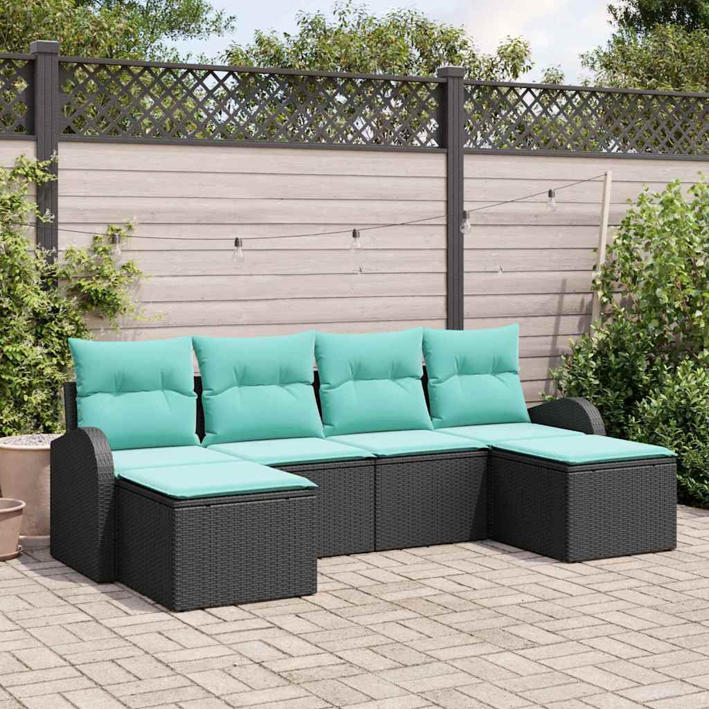 vidaXL Sofa Set mit Kissen 6 pcs Schwarz und Türkis Poly-Rattan