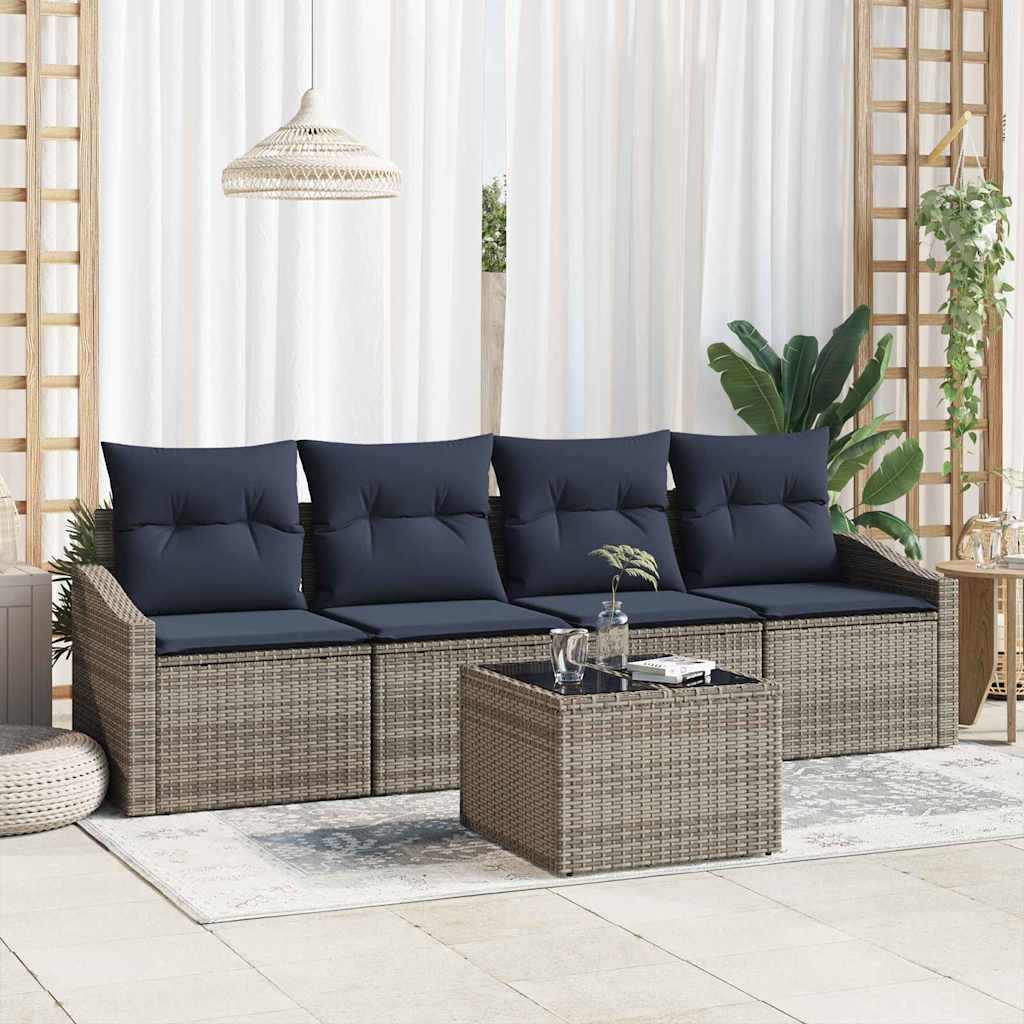 vidaXL Sofa Set mit Kissen 5 pcs Grau und Marineblau Poly-Rattan