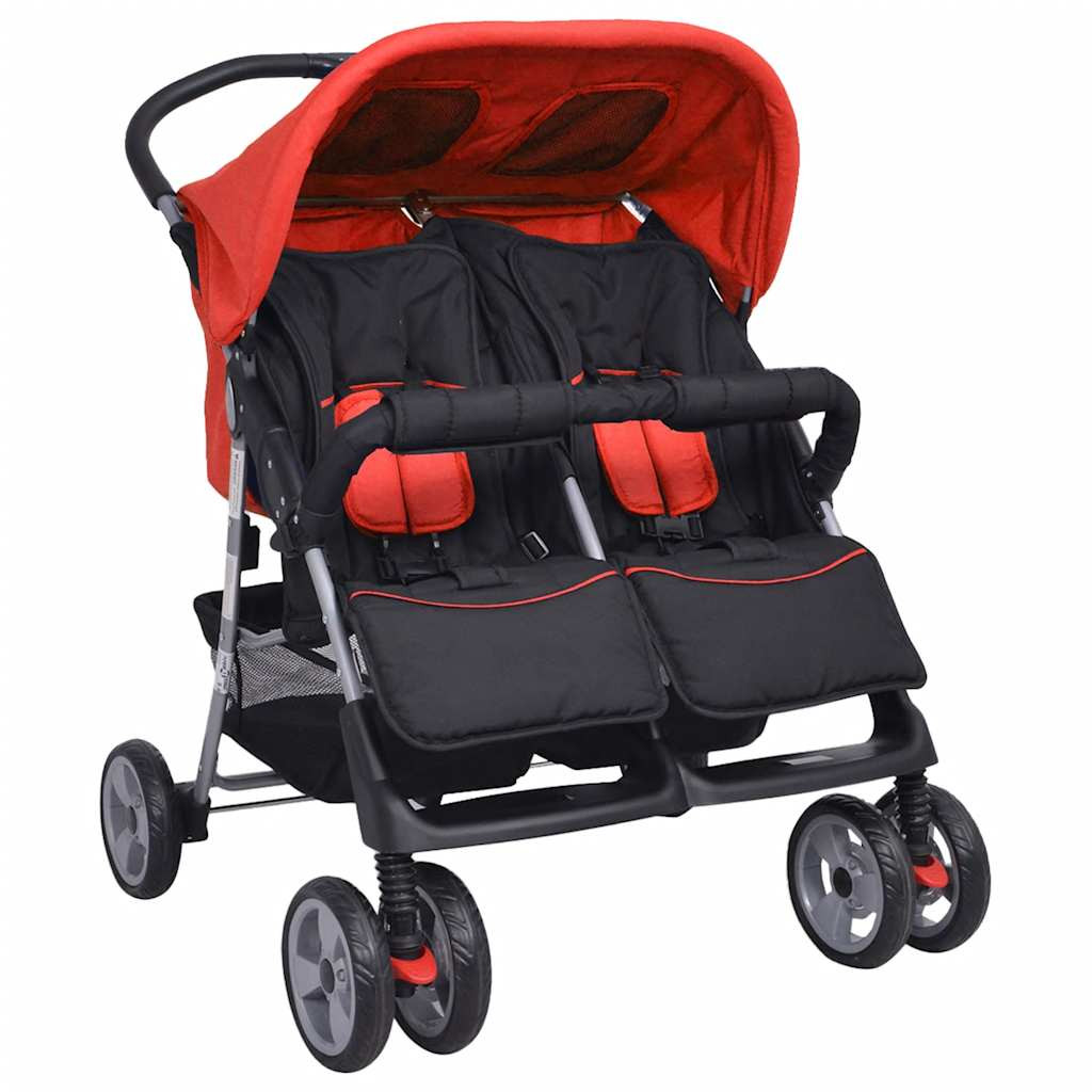 vidaXL Zwillingskinderwagen Stahl Rot und Schwarz