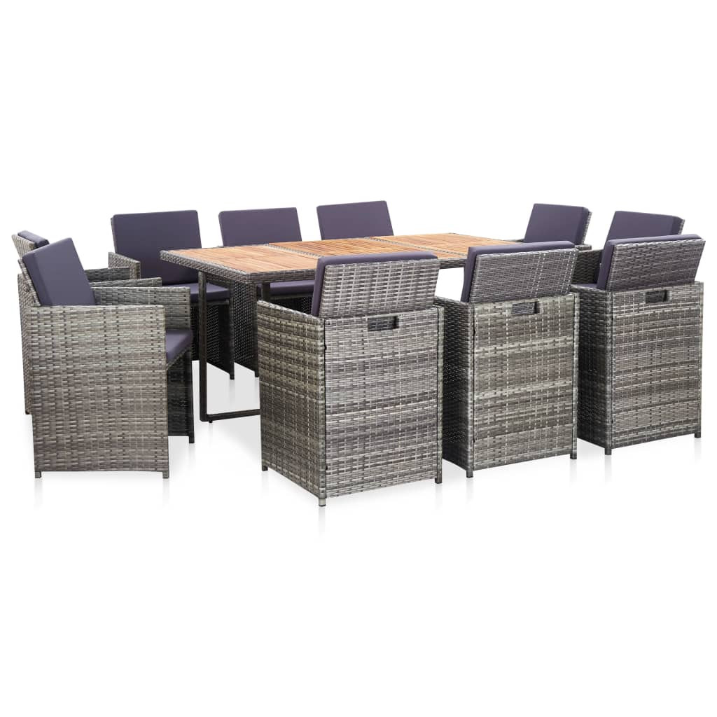 vidaXL 11-tlg. Garten-Essgruppe mit Auflagen Poly Rattan Grau
