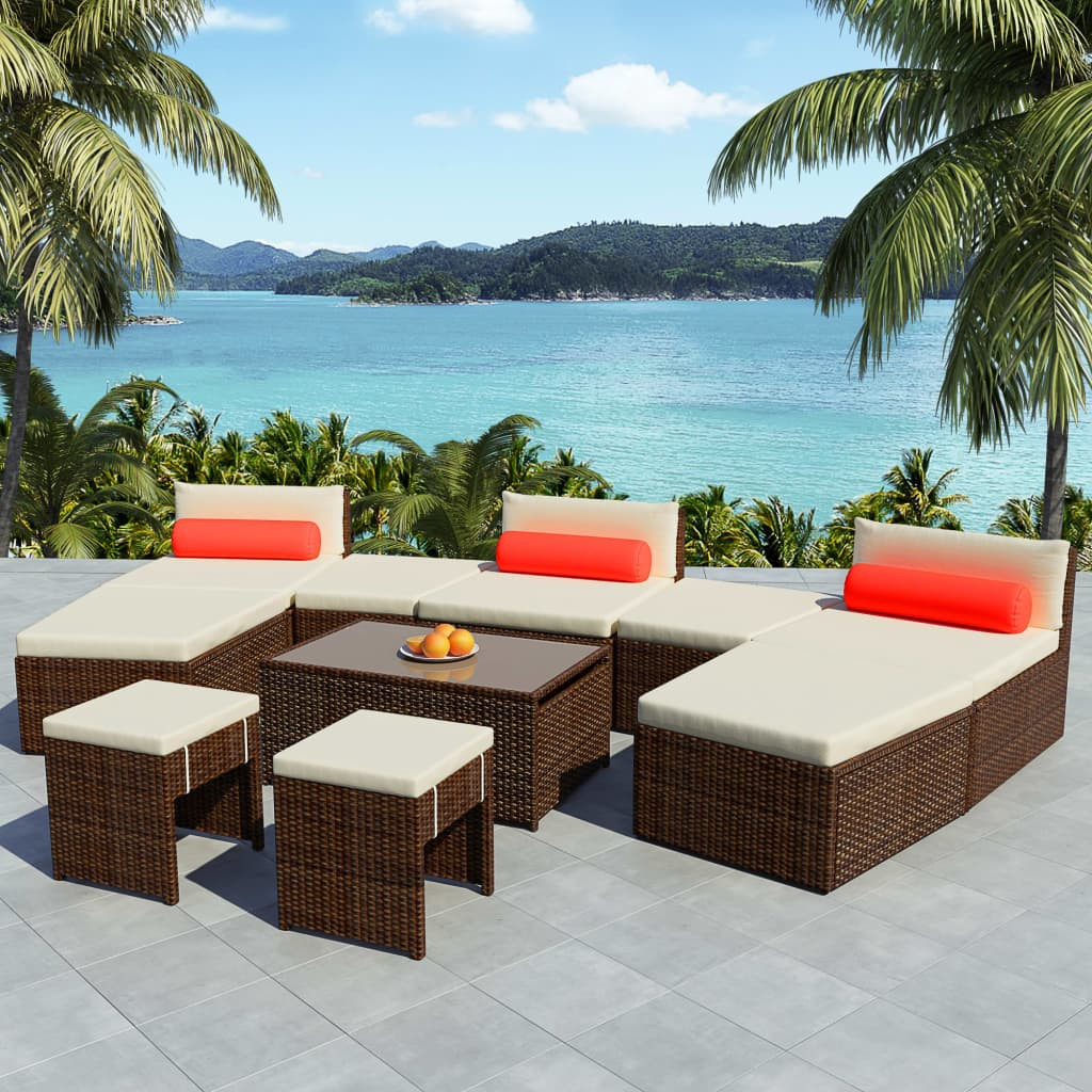 vidaXL 10-tlg. Garten-Lounge-Set mit Auflagen Poly Rattan Braun