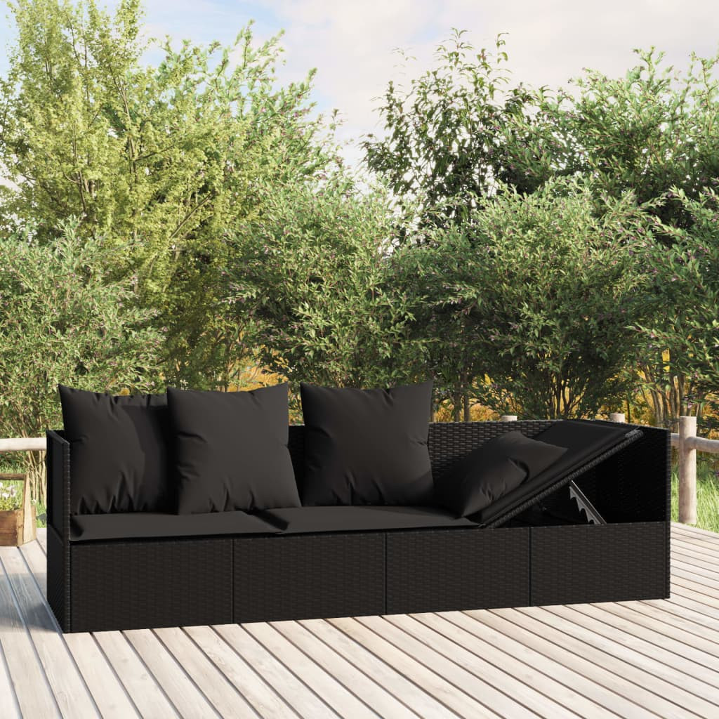 vidaXL Outdoor-Loungebett mit Kissen Schwarz Poly Rattan