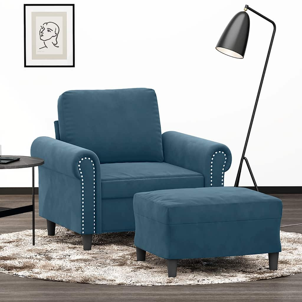 vidaXL Sessel mit Hocker Blau 60 cm Samt