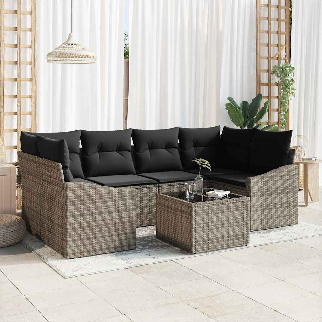 vidaXL Sofa Set mit Kissen mit Speicher 7 pcs Grau Poly-Rattan