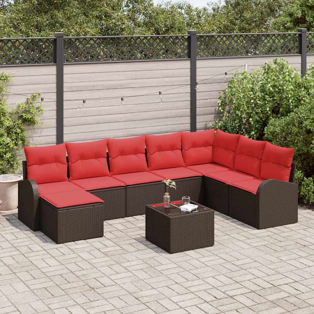 vidaXL Sofa Set mit Kissen 9 pcs Braun und Rot Poly-Rattan