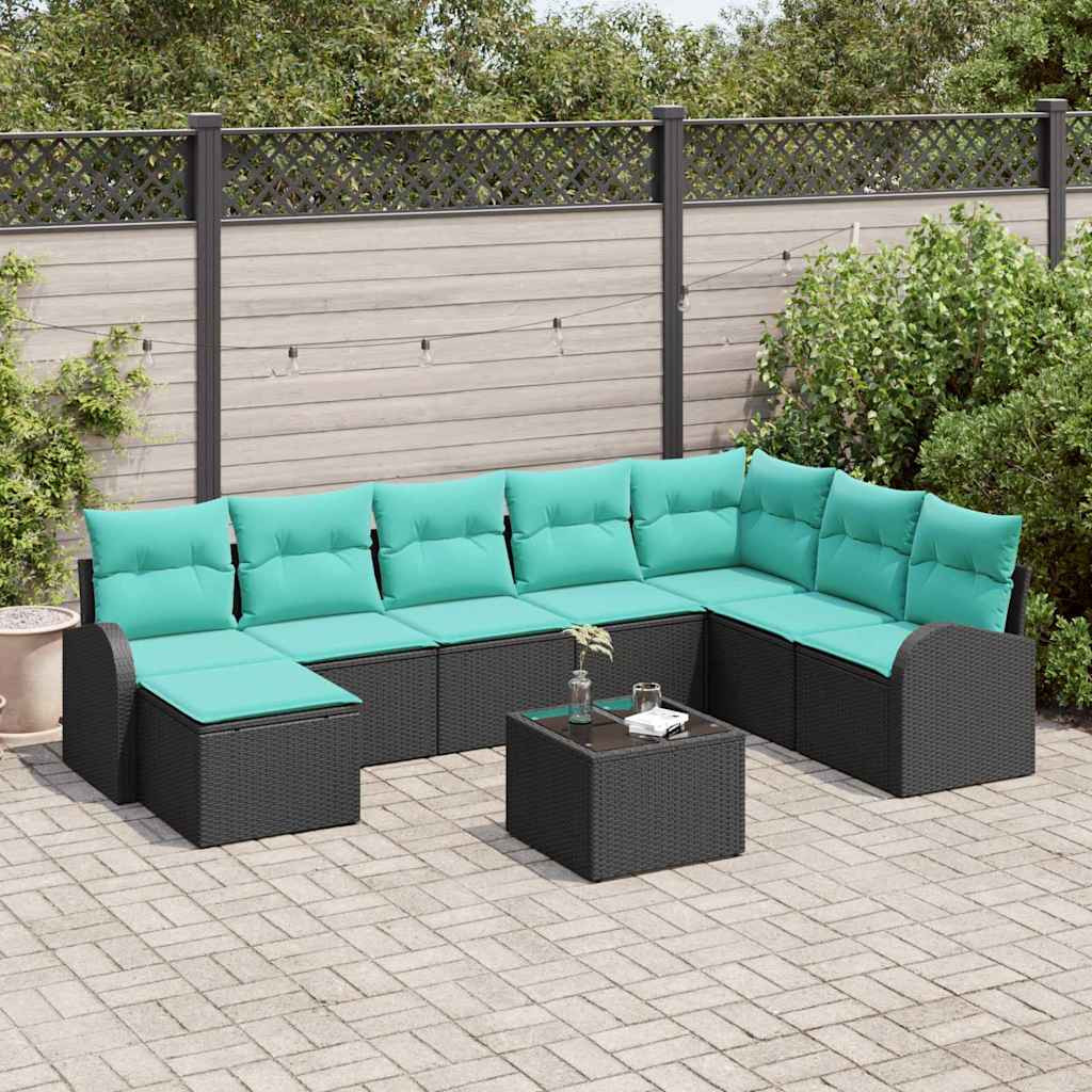 vidaXL Sofa Set mit Kissen 9 pcs Schwarz und Türkis Poly-Rattan