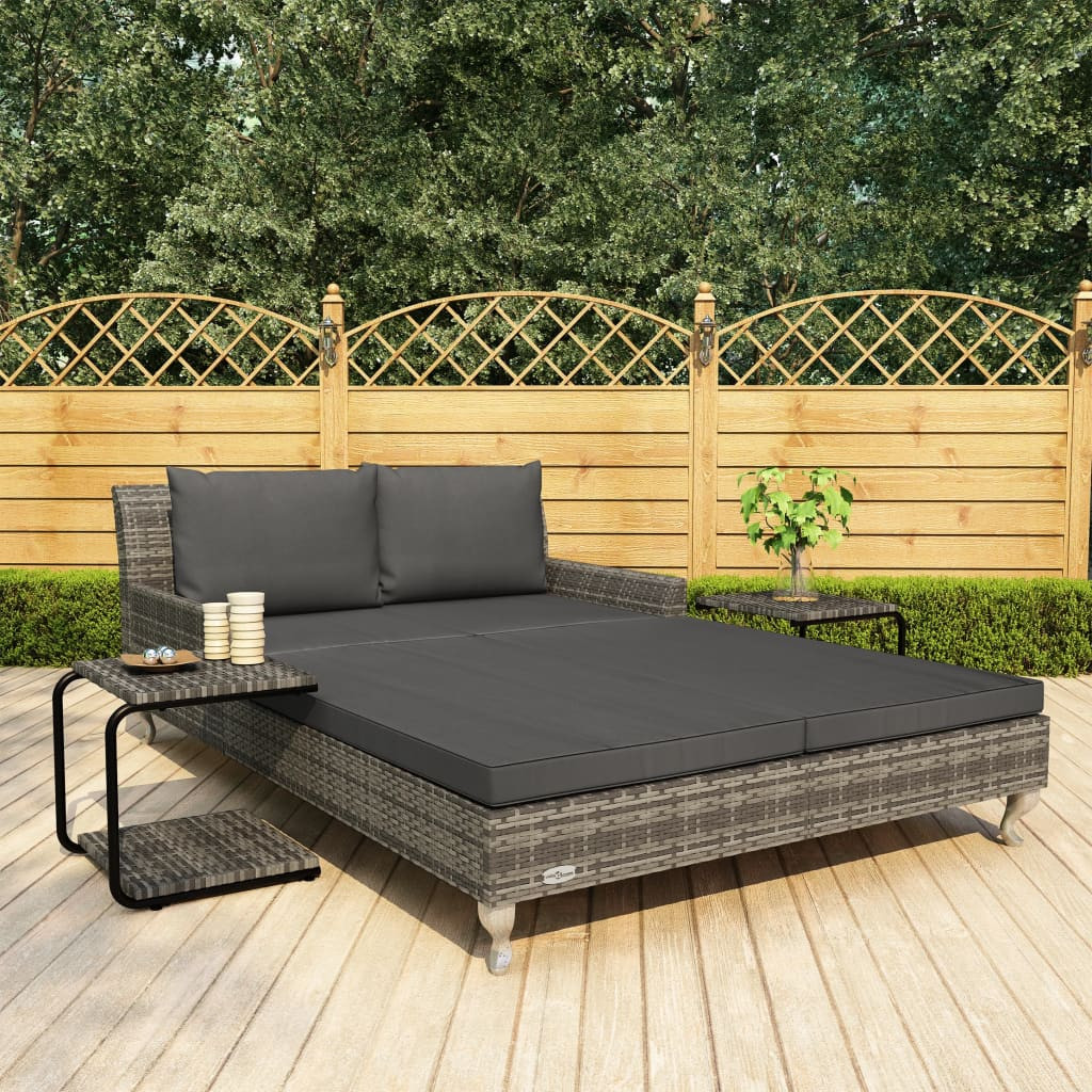 vidaXL 2-Personen-Sonnenliege mit Auflagen Poly Rattan Grau