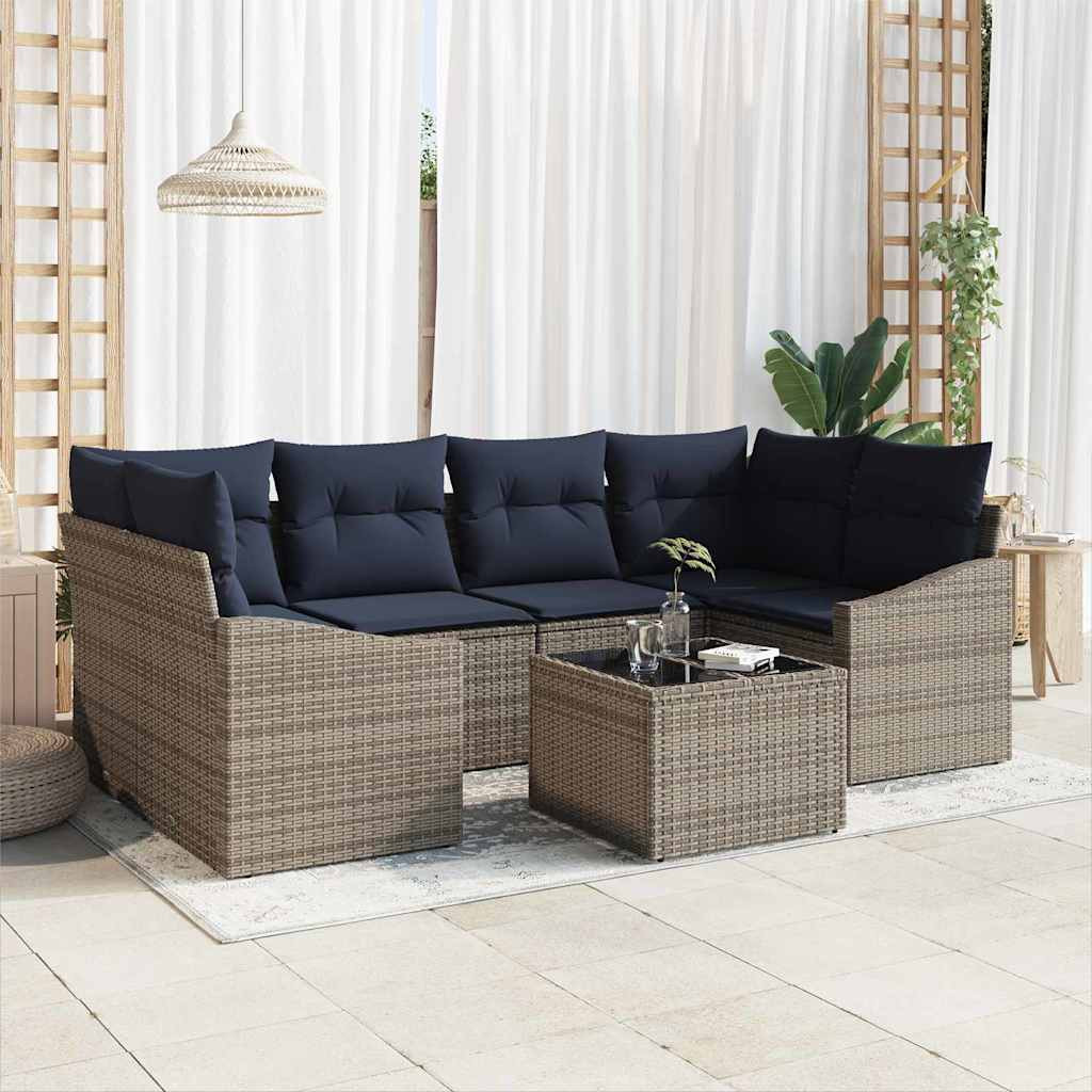 vidaXL Sofa Set mit Kissen 7 pcs Grau und Marineblau Poly-Rattan