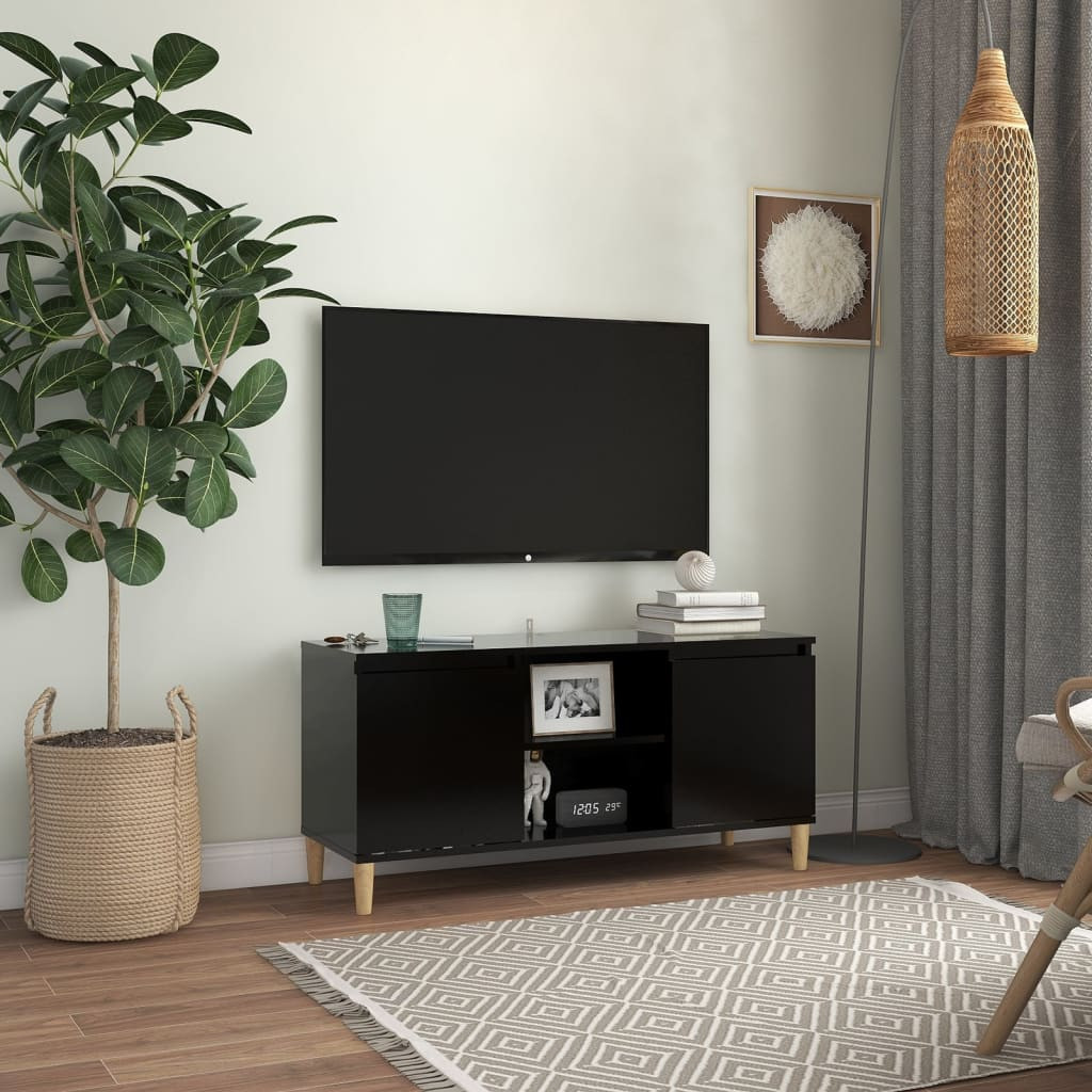 vidaXL TV-Schrank mit Massivholz-Beinen Schwarz 103,5x35x50 cm