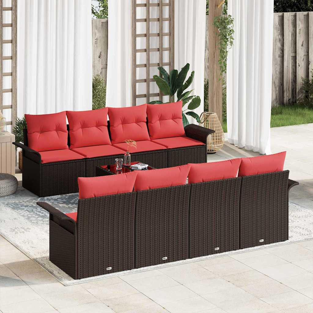 vidaXL Gartensofa-set mit Kissen 9 pcs Beige und Rot Poly-Rattan