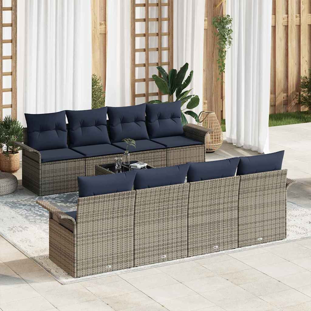 vidaXL Gartensofa-set mit Kissen 9 pcs Grau und Marineblau Poly-Rattan