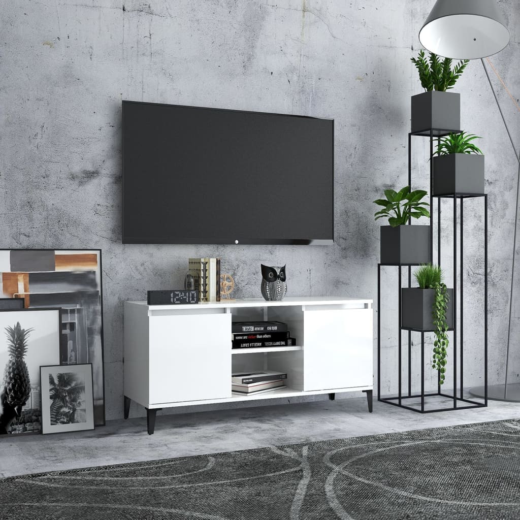 vidaXL TV-Schrank mit Metallbeinen Hochglanz-Weiß 103,5x35x50 cm