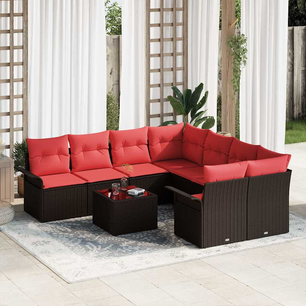vidaXL Gartensofa-set mit Kissen 9 pcs Beige und Rot Poly-Rattan