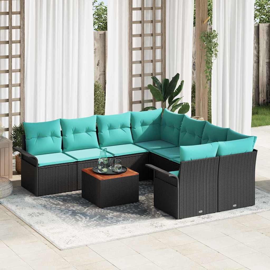 vidaXL Gartensofa-set 9 pcs Schwarz und Türkis Poly-Rattan