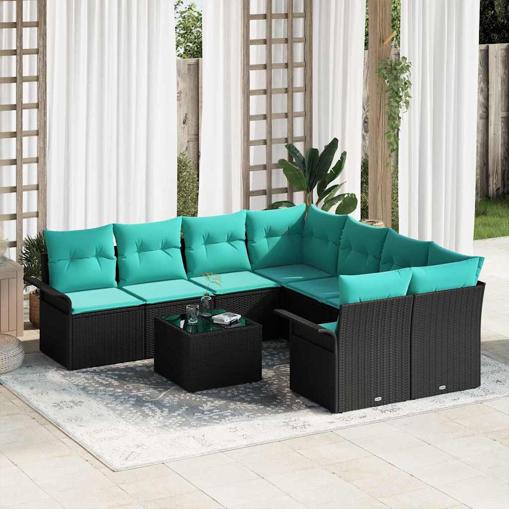 vidaXL Gartensofa-set mit Kissen 9 pcs Schwarz und Türkis Poly-Rattan