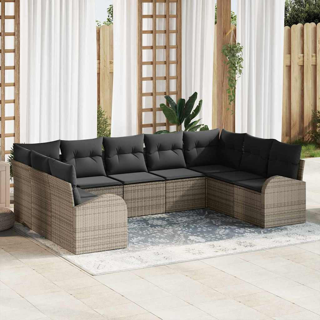 vidaXL Gartensofa-set mit Kissen mit Speicher 9 pcs Grau Poly-Rattan