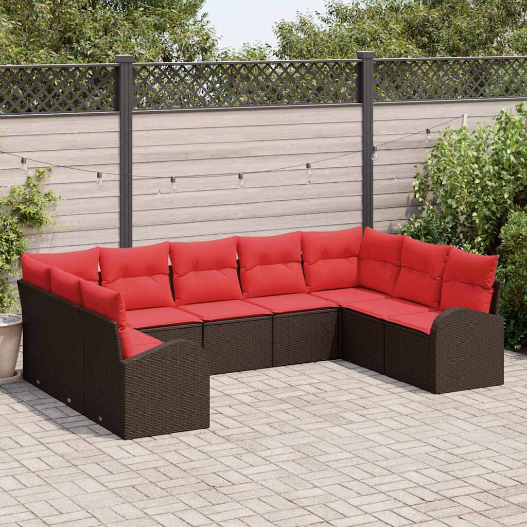 vidaXL Gartensofa-set mit Kissen 9 pcs Braun und Rot Poly-Rattan