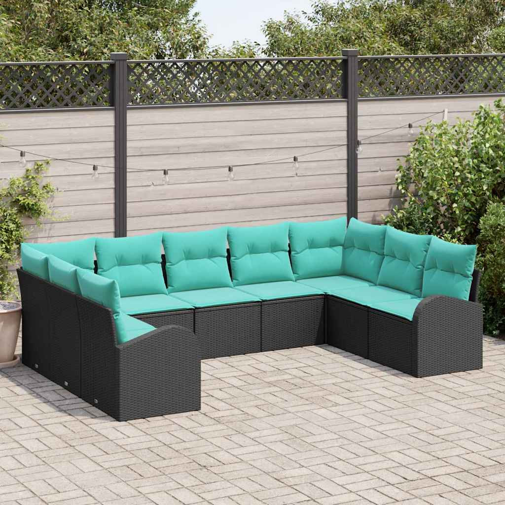 vidaXL Gartensofa-set mit Kissen 9 pcs Schwarz und Türkis Poly-Rattan